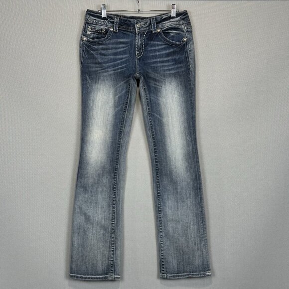 Miss Me Jeans Womens 30 Blue Easy Boot Mid Rise Stretch Distressed Flap Pockets - Picture 1 of 13